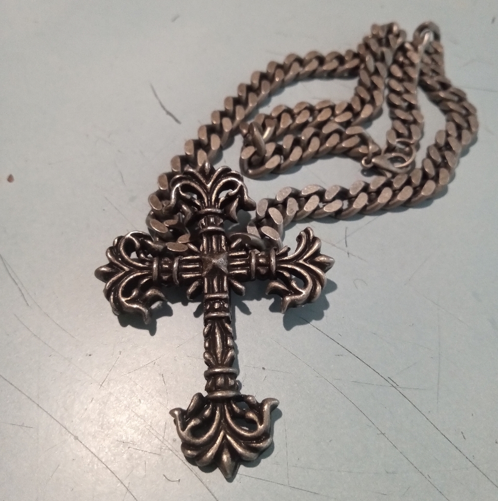 Large Ornate Filagree Cross With Chunky Steel Choker Chain